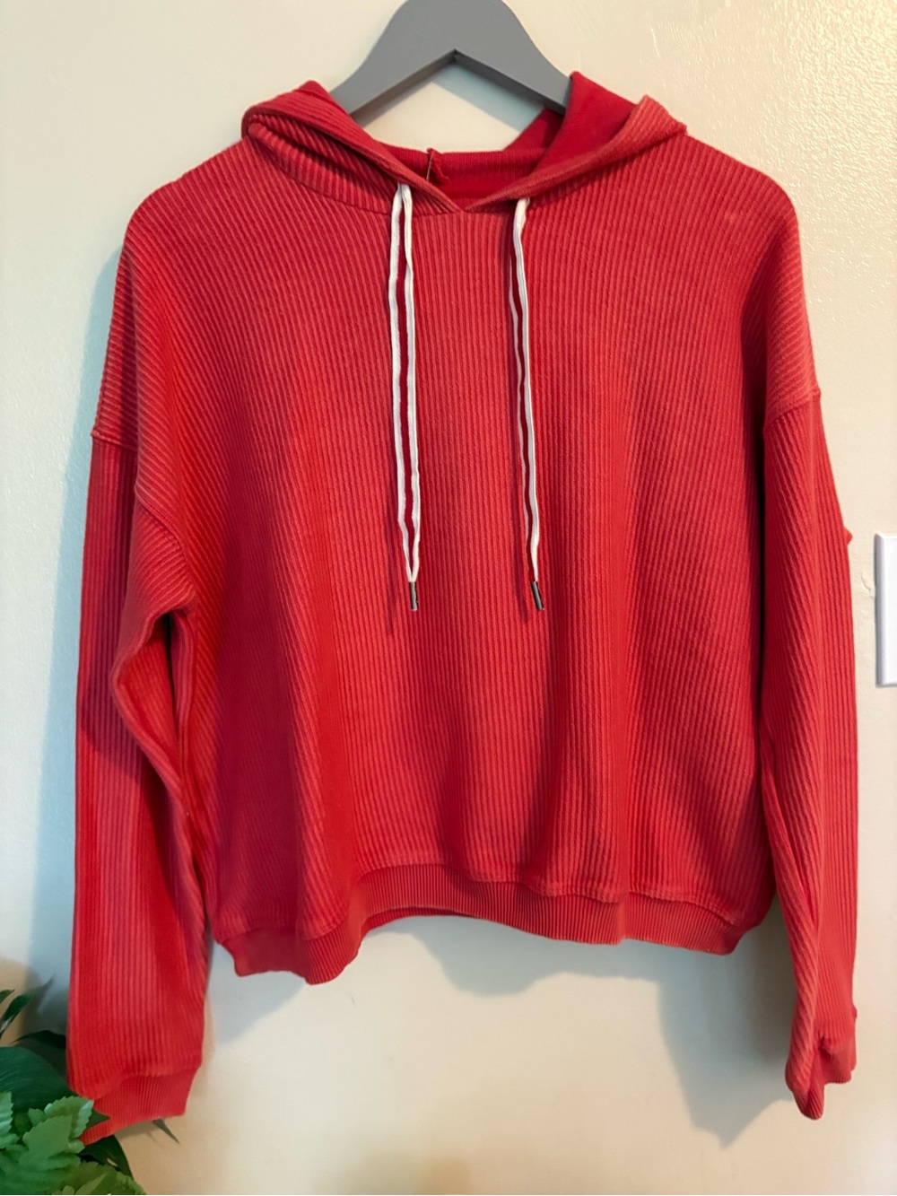 AERIE NWT Cropped Ribbed Hoodie Oversized Small Coral Red-Orange Ret $60